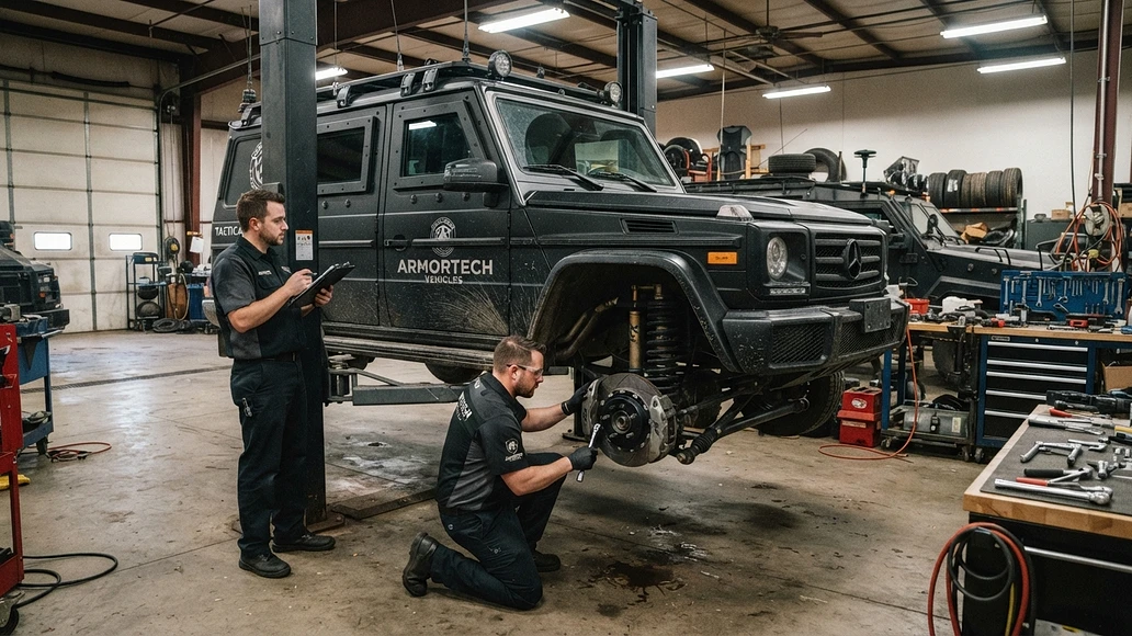 Armored SUV in a workshop showing maintenance and mechanical upgrades