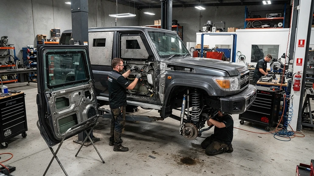 Partially armored SUV in a professional workshop showing ballistic panels and thick glass