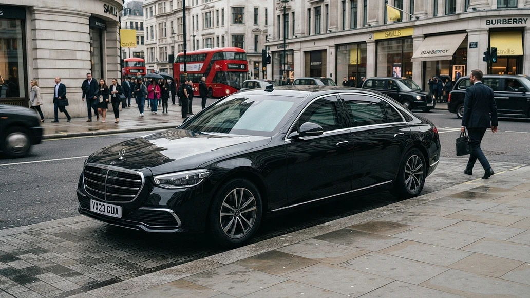 Discreet armored luxury sedan parked on a city street
