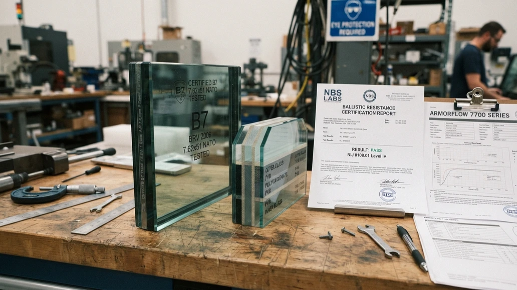 Close up of ballistic automotive glass and certification paperwork on a workbench