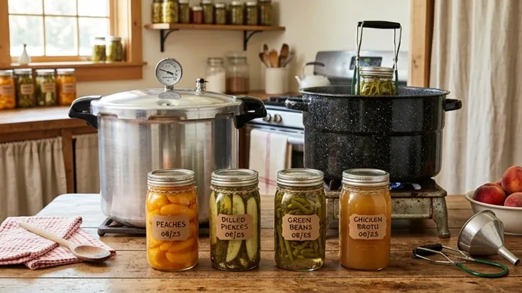 Pressure canner and water bath canner with different foods ready for safe home canning
