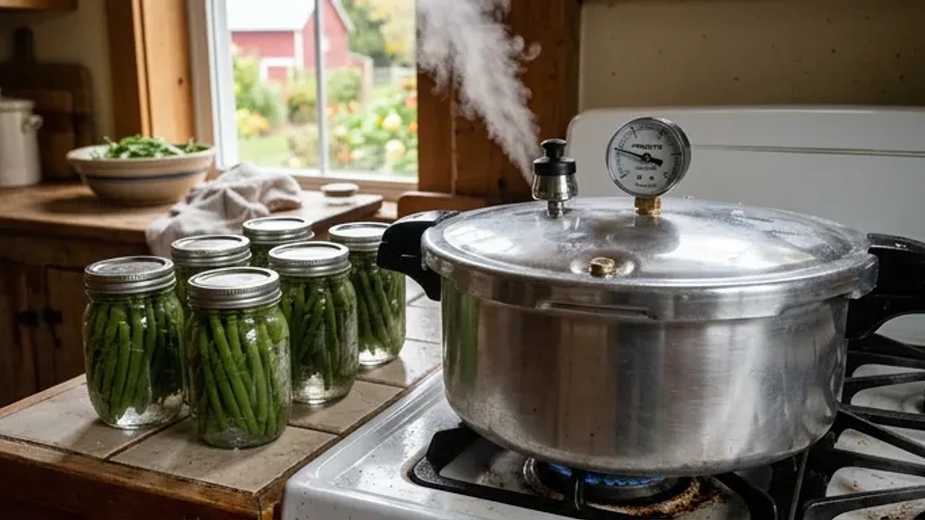 Pressure canner processing low acid vegetables on a stovetop