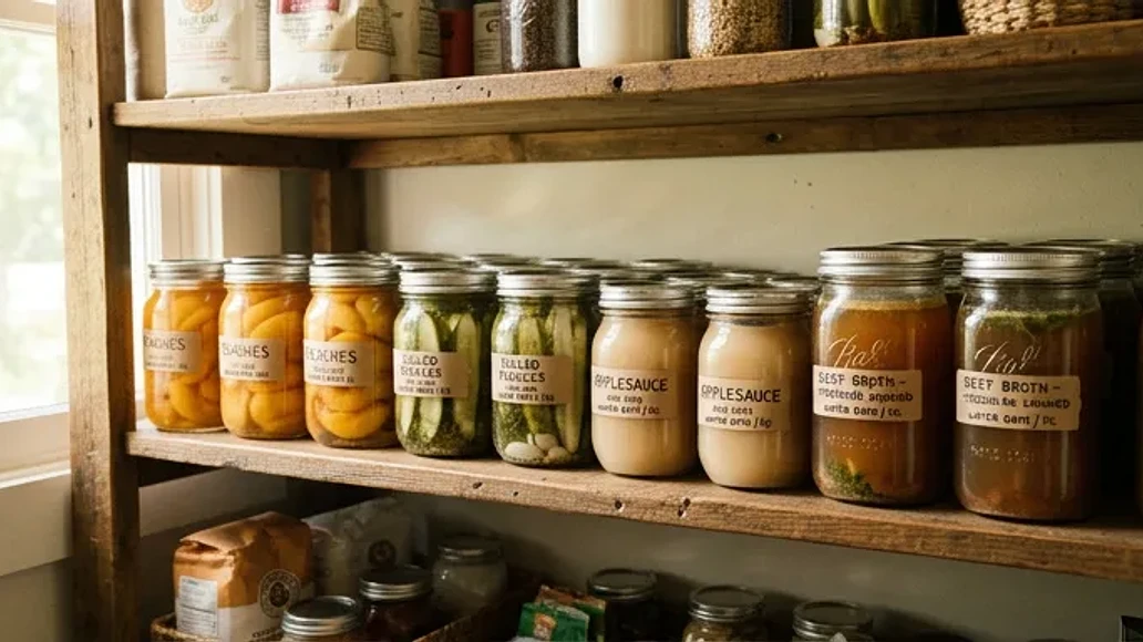Well-organized pantry shelf with safely canned foods in mason jars