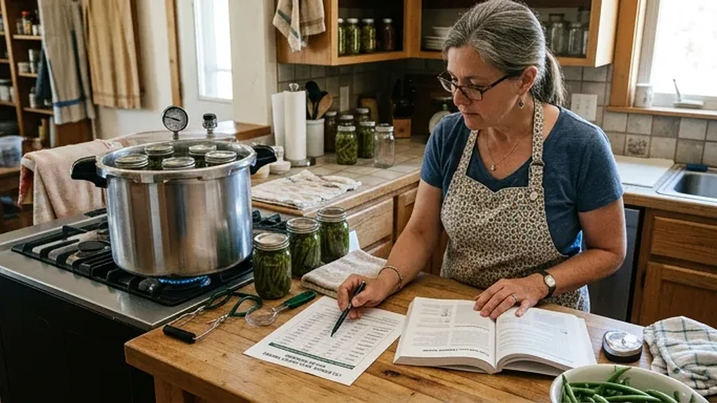 Home canner reviewing altitude adjustments and canning instructions