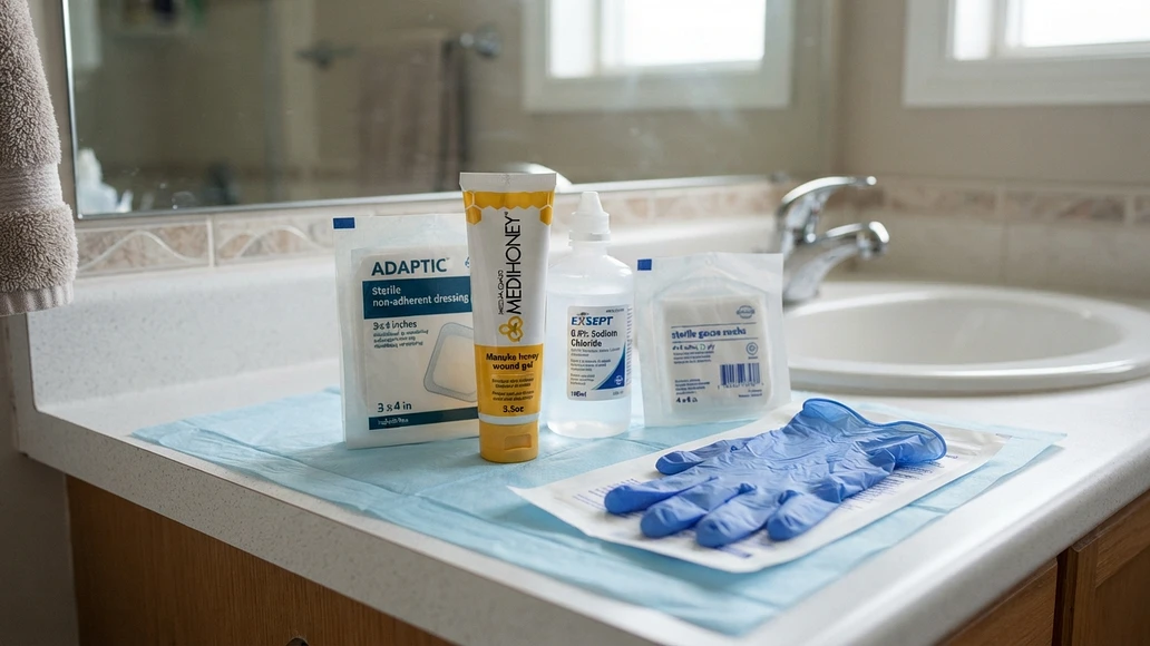 Sterile medical-grade honey wound supplies arranged for safe home care