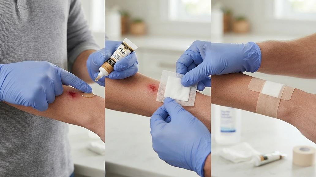 Applying sterile medical honey to a small superficial wound before covering it with a dressing
