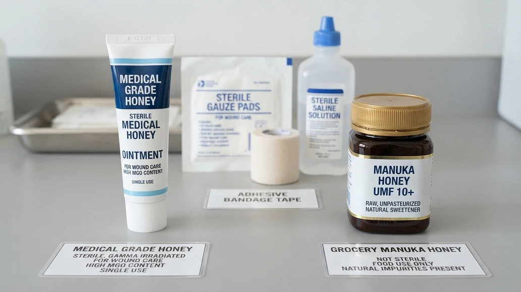 Comparison between sterile medical-grade honey wound product and grocery-style Manuka honey jar