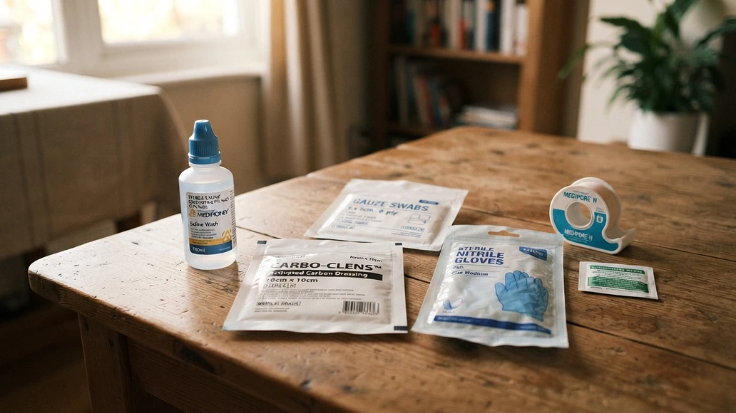 Basic wound care supplies with a sealed activated carbon dressing
