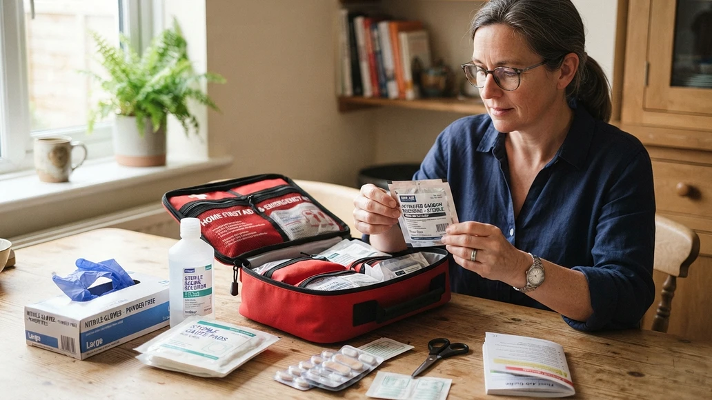 Reviewing a home first aid kit with standard supplies and a charcoal dressing