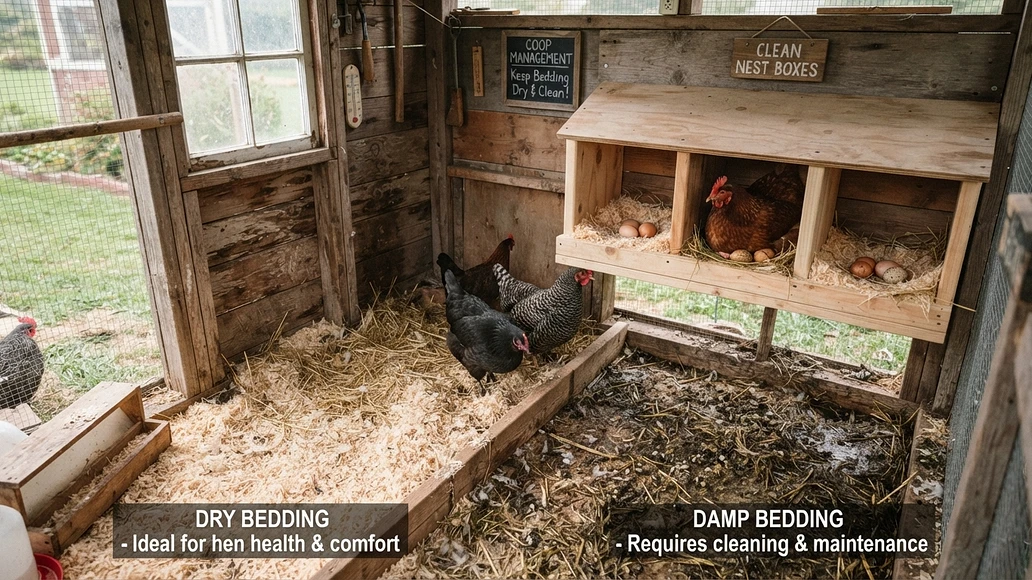 Backyard coop nest boxes showing clean dry bedding compared with damp bedding
