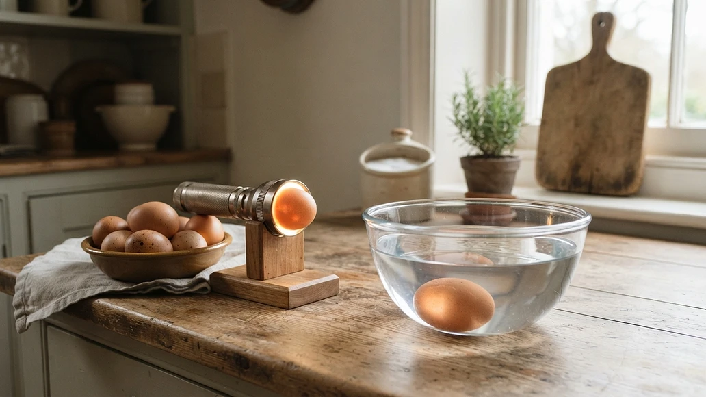 Farm-fresh eggs being checked with a float test and candling tools