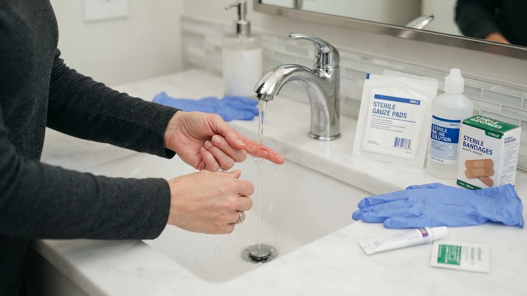 Cleaning a minor cut with water and preparing a clean dressing
