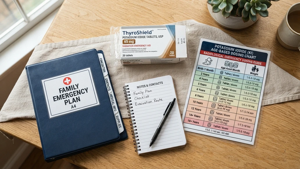 Printed potassium iodide dosing chart with emergency planning documents