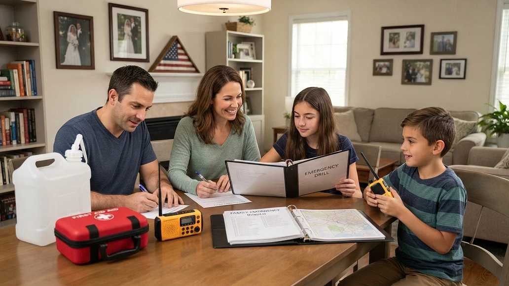 Family sheltering indoors with emergency supplies and a radio