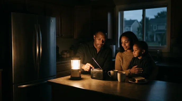 Household using battery radio and lantern during a power outage after grid disruption