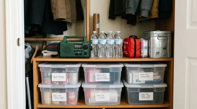 Home emergency supplies including radio, water, and shielded storage container on closet shelves