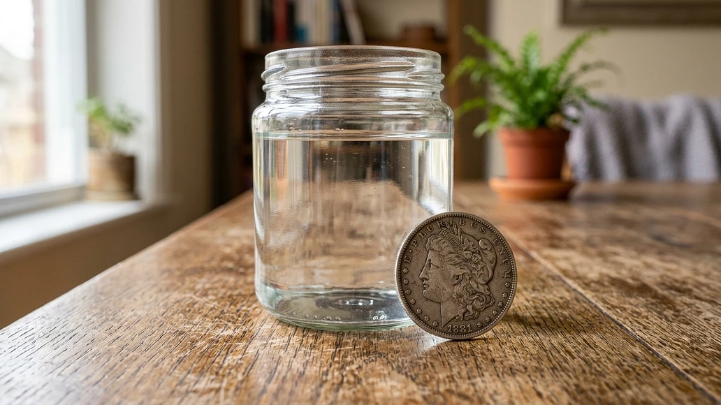 Glass jar of water with a silver coin in a realistic home setting