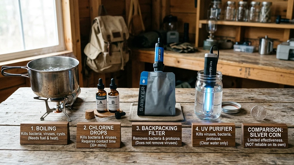 Comparison of emergency water treatment methods including boiling, chlorine, filter, UV, and silver coin