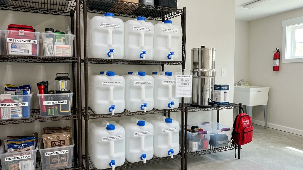 Organized home water storage setup with containers and treatment supplies