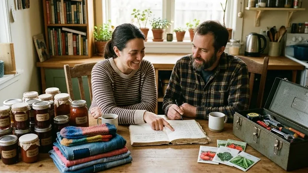 Neighbors reviewing a simple barter agreement with household goods and tools nearby