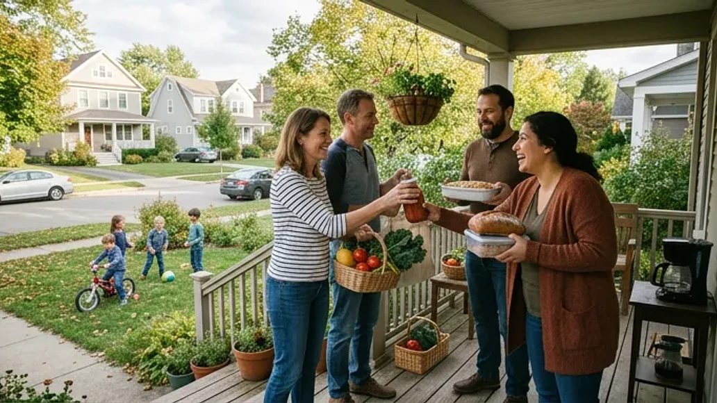 Families exchanging meals and produce as part of a neighborhood barter arrangement