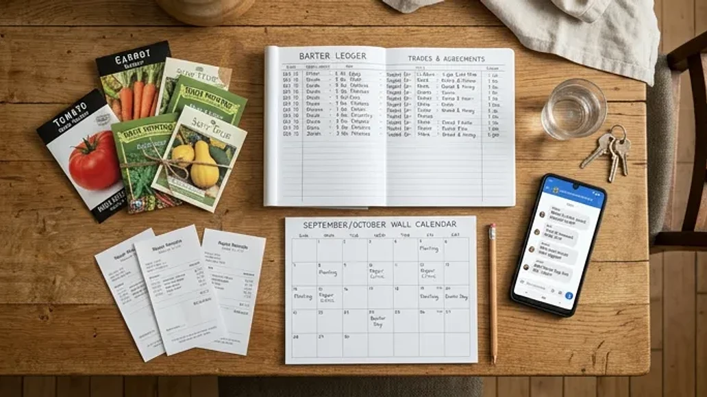A simple home system for tracking barter agreements with a ledger and calendar