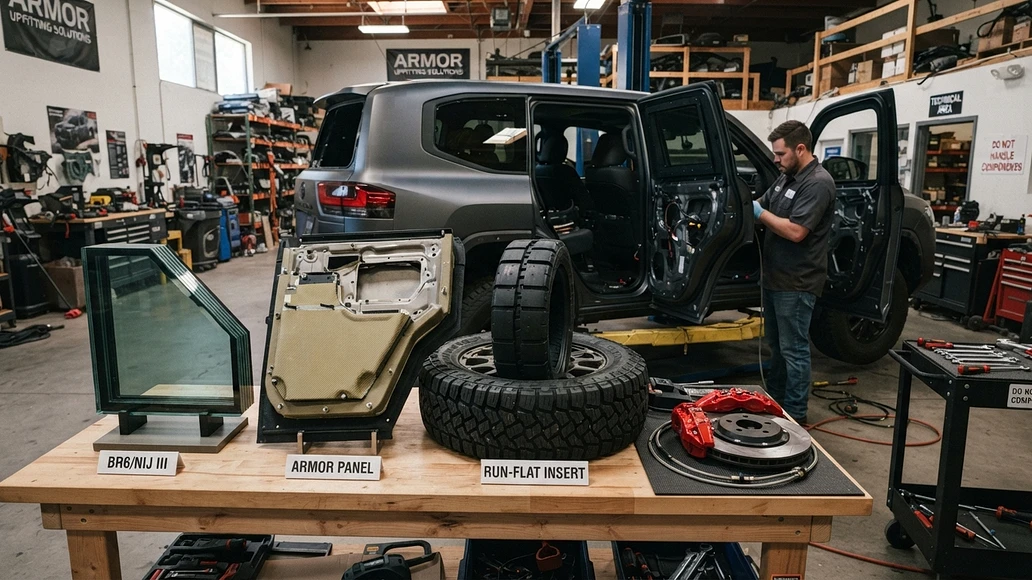 Armored vehicle components in a professional workshop