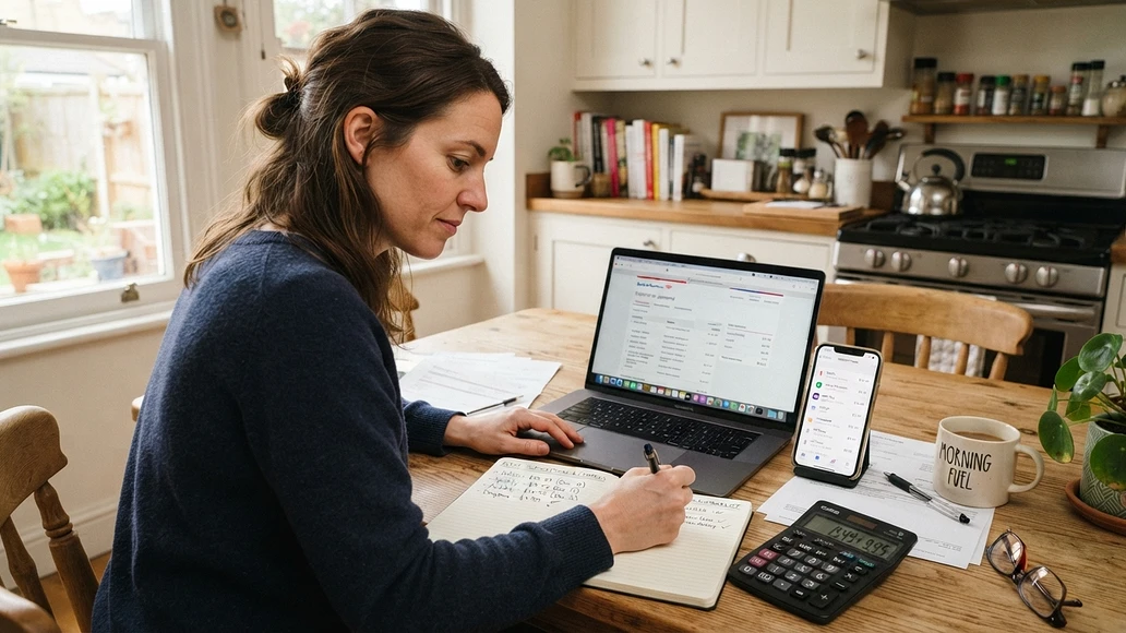 Person auditing subscriptions and recurring charges at a kitchen table