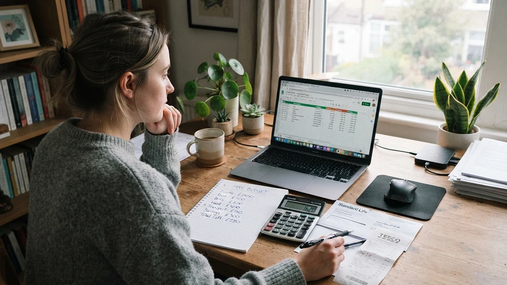 Bare-bones budget setup with bills, calculator, and simple spending plan