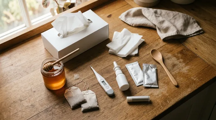 Adult cold care kit with saline rinse, honey, zinc lozenges, and fluids
