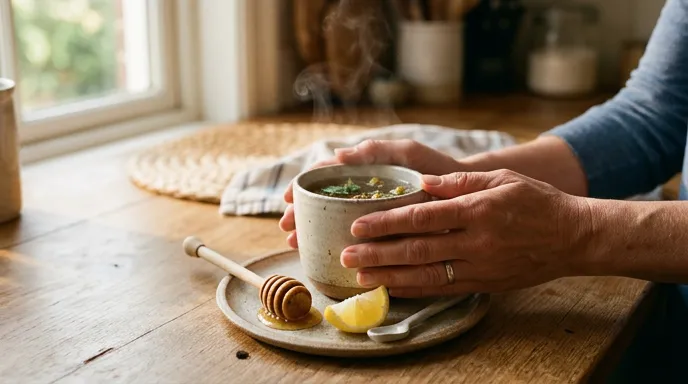 Adult drinking warm tea with honey during a head cold