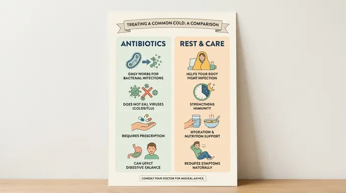 Antibiotics do not treat viral colds; rest and fluids support recovery