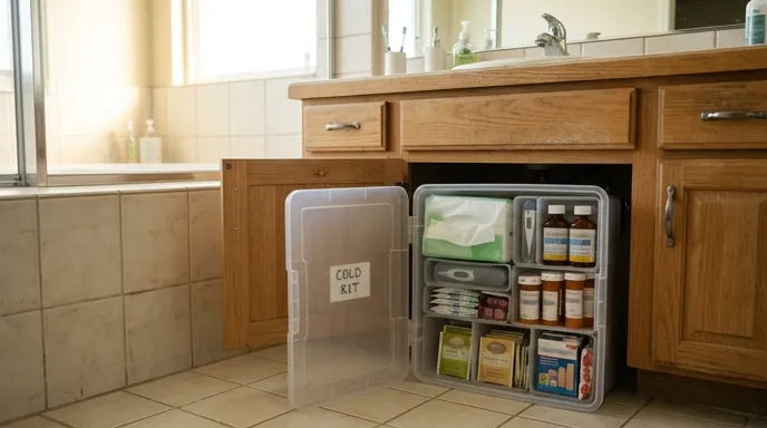 Organized home cold care kit on a pantry shelf