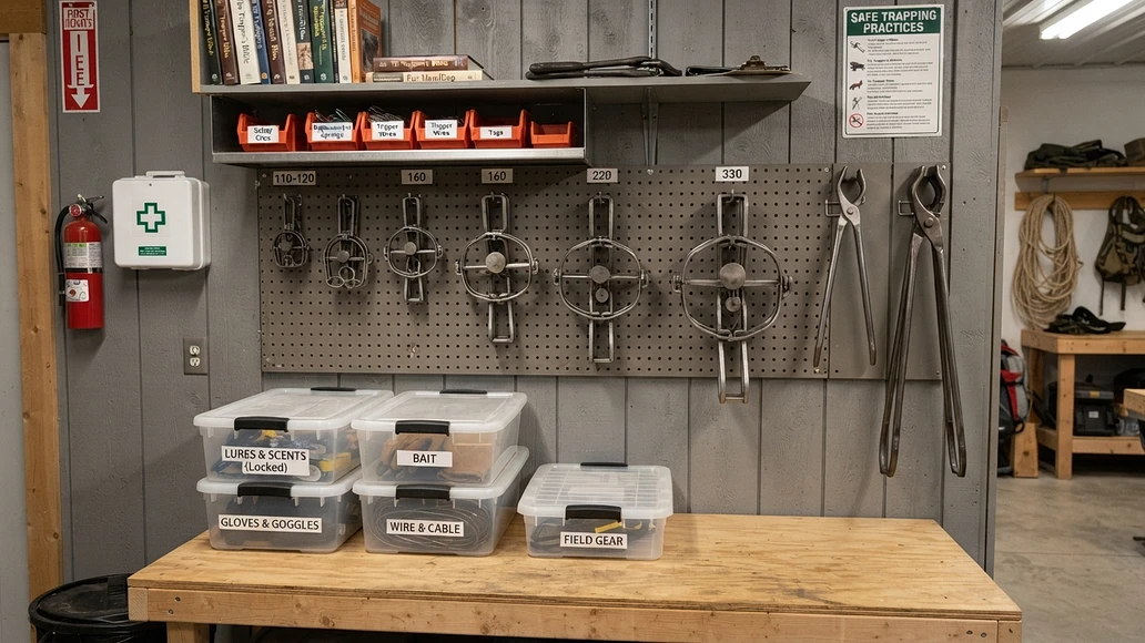 Body grip traps stored safely in an organized workshop