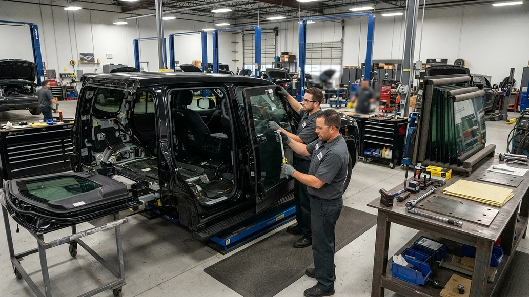 SUV in a professional armoring workshop during retrofit