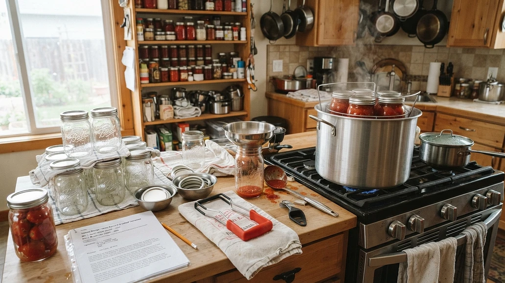 Basic home canning supplies arranged on a kitchen counter for a beginner-safe setup