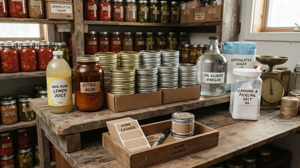 Canning consumables organized on pantry shelves for long-term preparedness