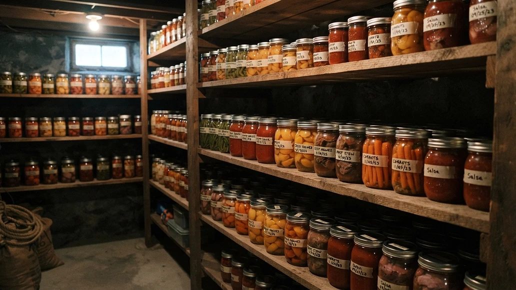 Labeled home-canned jars stored in an organized pantry for rotation and preparedness