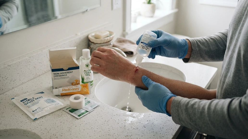 Safe home care for a minor cut with saline, gauze, and clean dressings