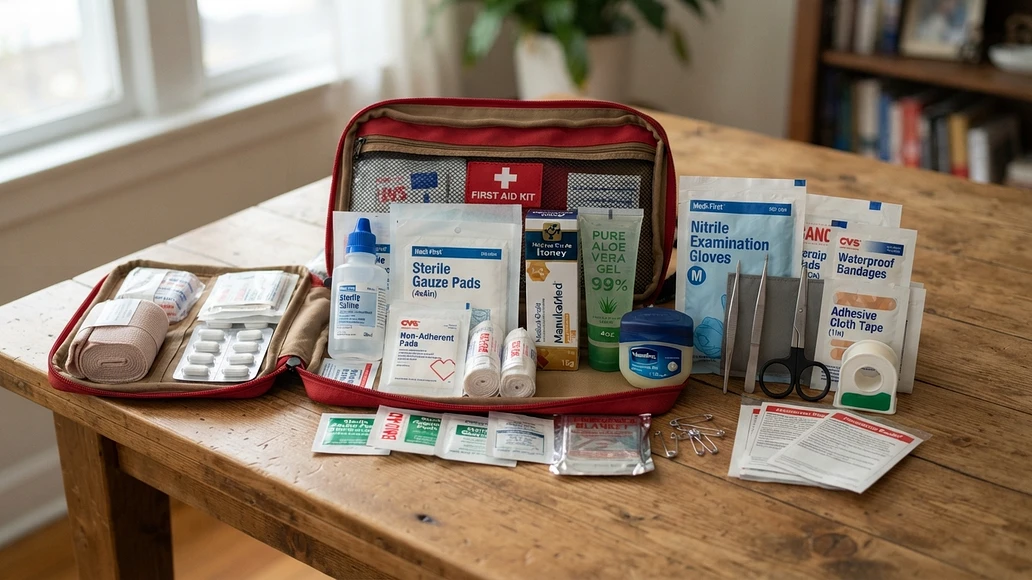 A well-stocked home wound care kit with safe natural and standard supplies