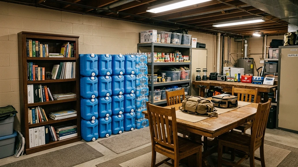 Improvised basement shelter using household materials for added shielding