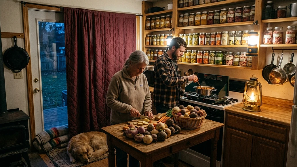 Low energy home routines with stored food and blackout lighting