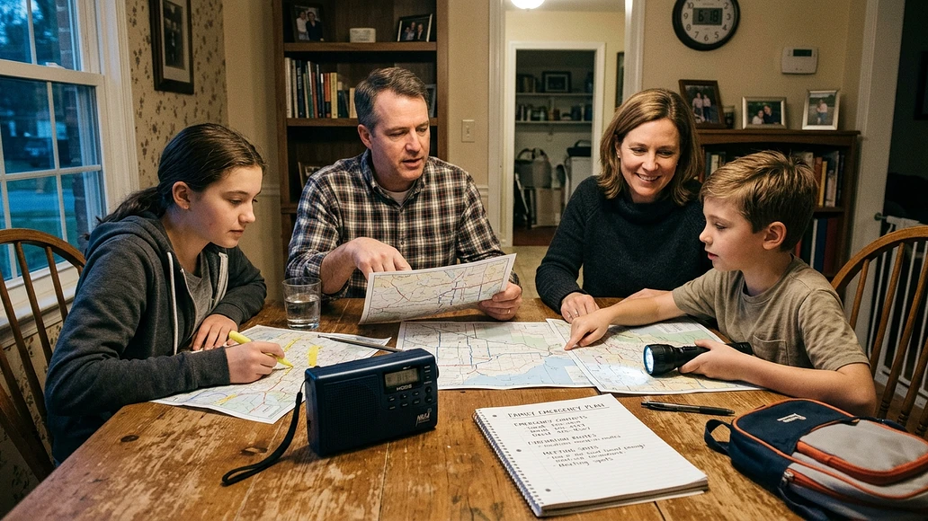 Family practicing a calm home emergency planning drill