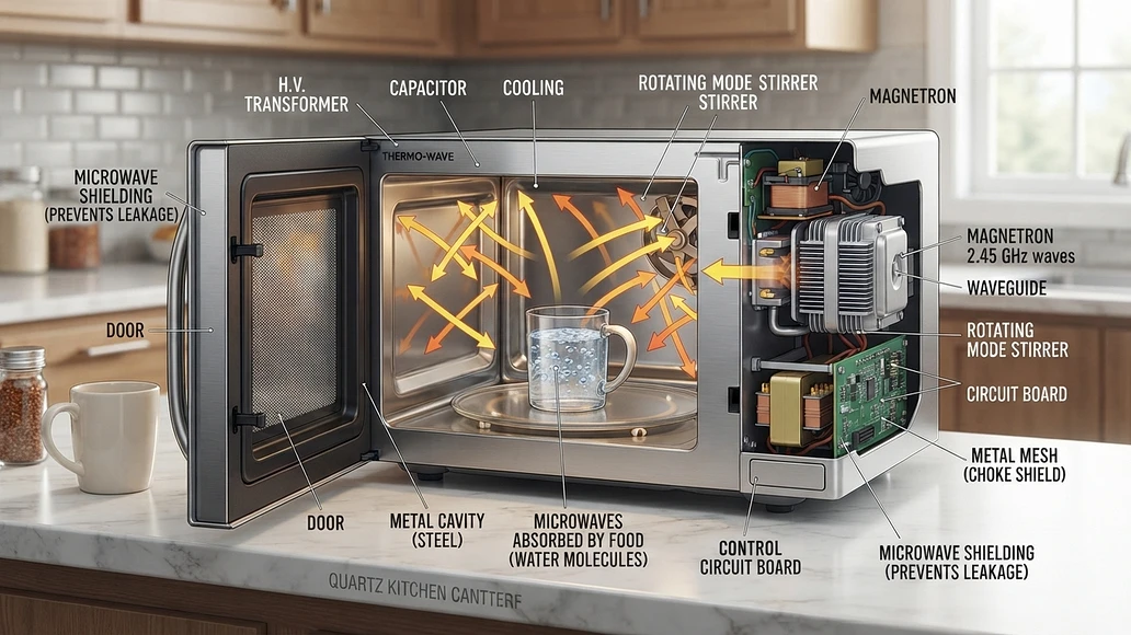 Diagram-style view of a microwave oven showing how the metal cavity and door mesh contain microwaves