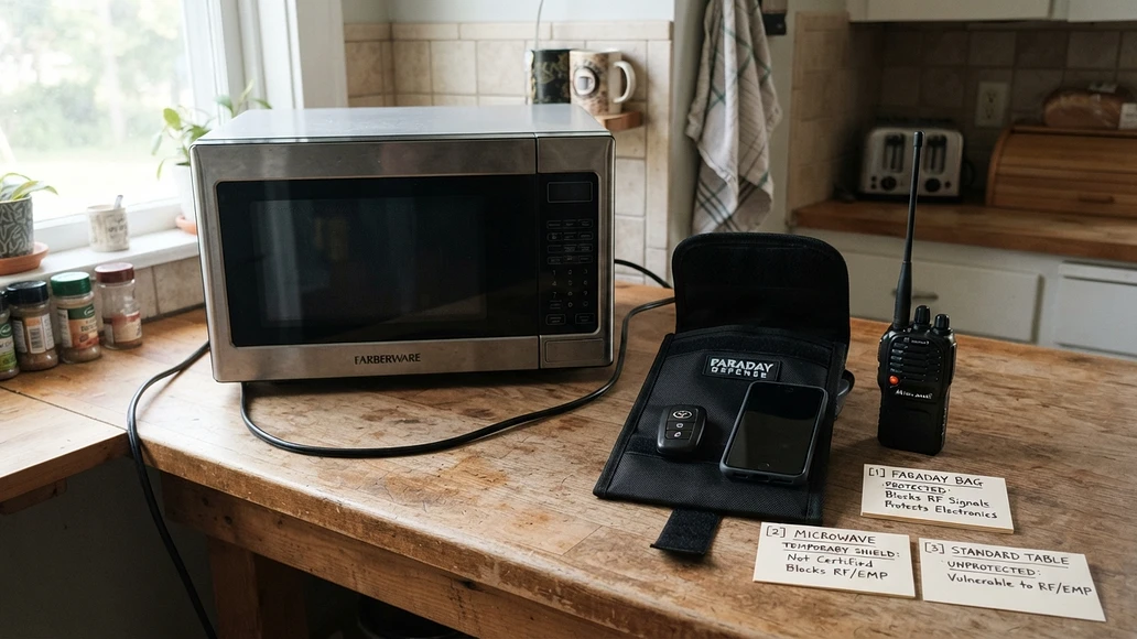 Preparedness comparison showing a microwave, Faraday bag, phone, key fob, and radio on a kitchen counter