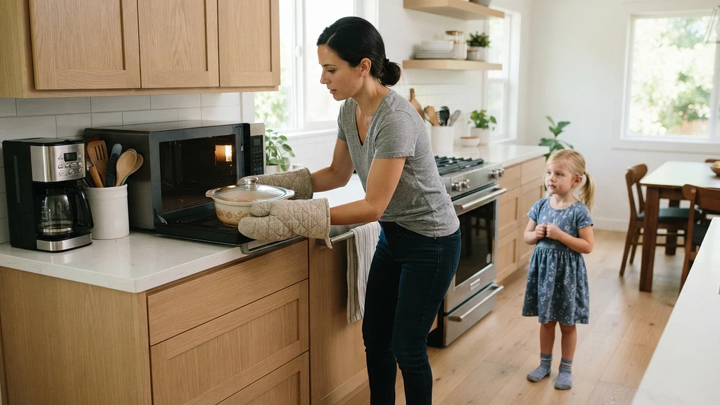 Adult safely using a microwave while a child stands back from the appliance in a kitchen