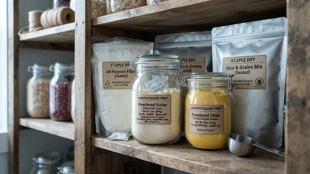 Powdered butter and other shelf-stable fats stored neatly in a home pantry