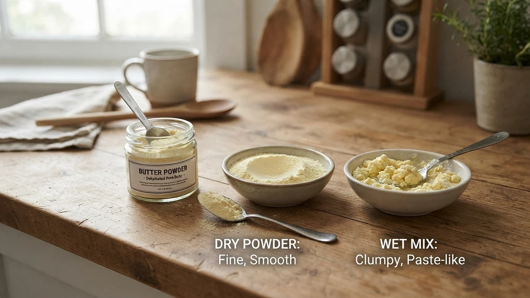 Comparison of properly stored butter powder and moisture-damaged clumped powder