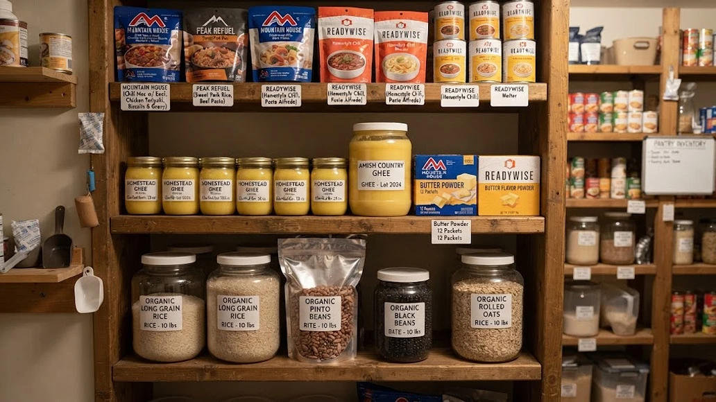 Preparedness pantry showing butter powder alongside ghee and staple foods