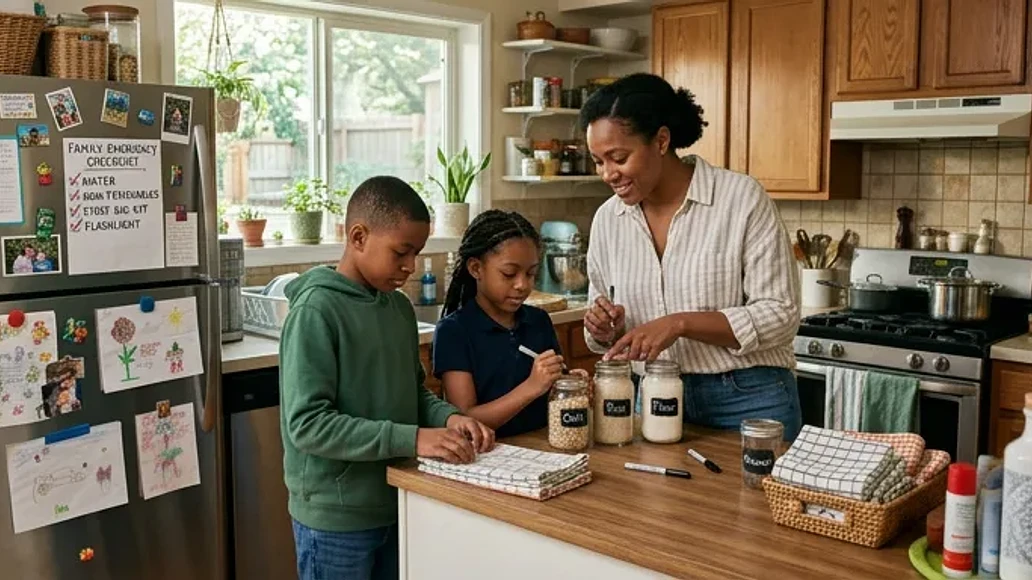 Parent teaching school age children pantry organization and kitchen chores